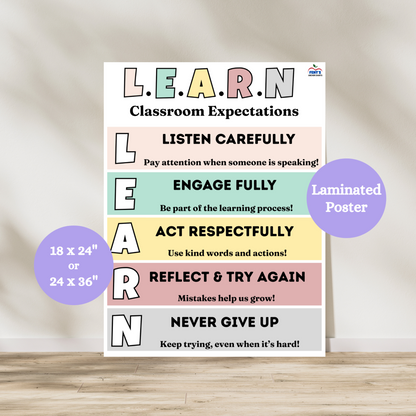 LEARN acronym anchor chart to support classroom management in elementary classrooms. Colorful and vibrant laminated poster to set up classroom expectations. Laminated for durability.
