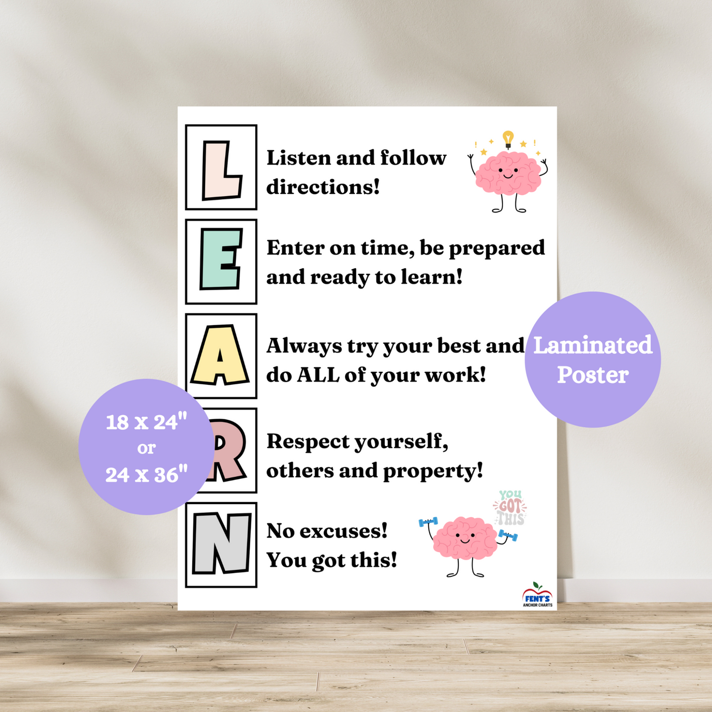 LEARN acronym anchor chart to support classroom management in elementary classrooms. Colorful and vibrant laminated poster to set up classroom expectations. Laminated for durability.