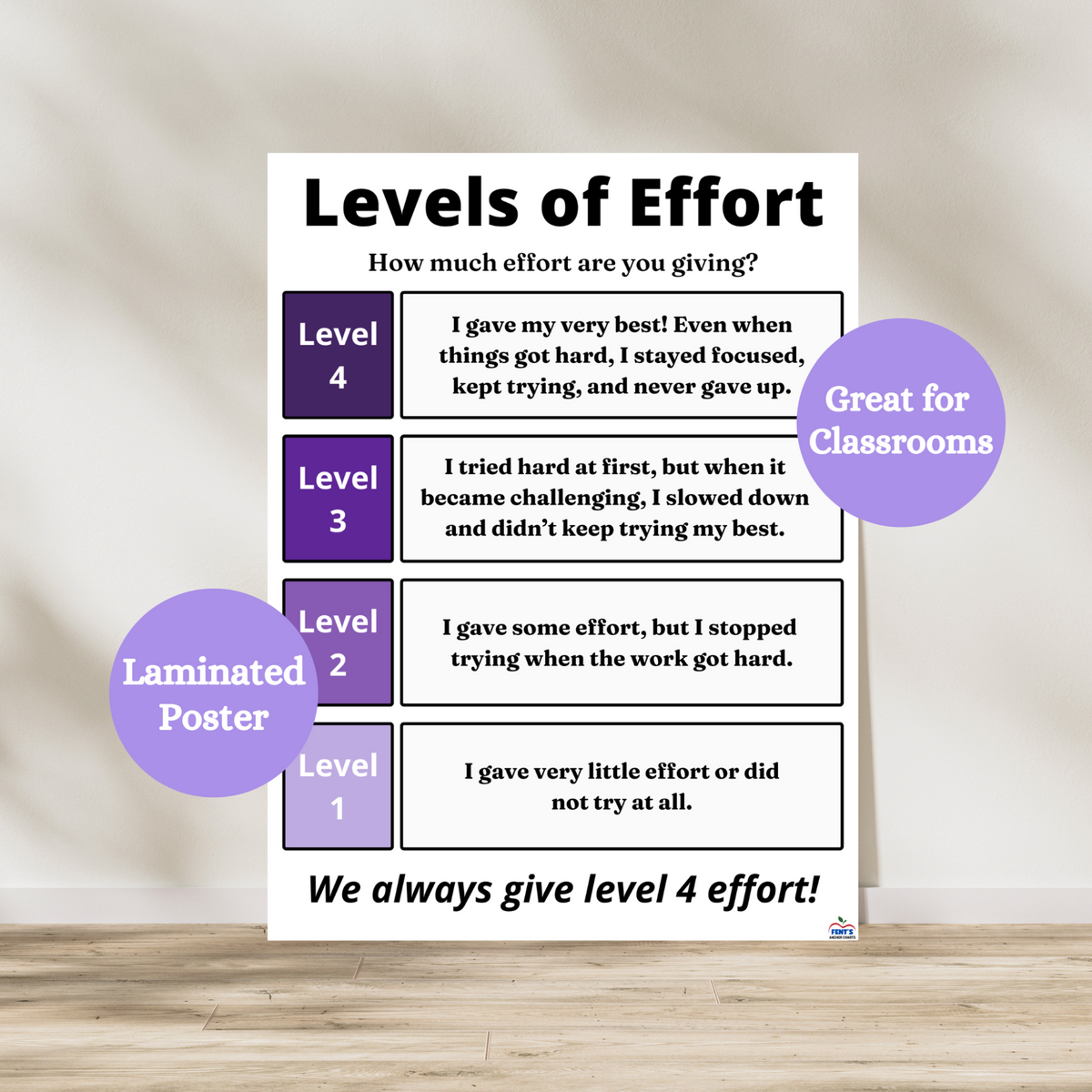 Levels of effort poster to support students in self assessing their effort in your classroom. Used in elementary and middle school classrooms. Laminated for durability.