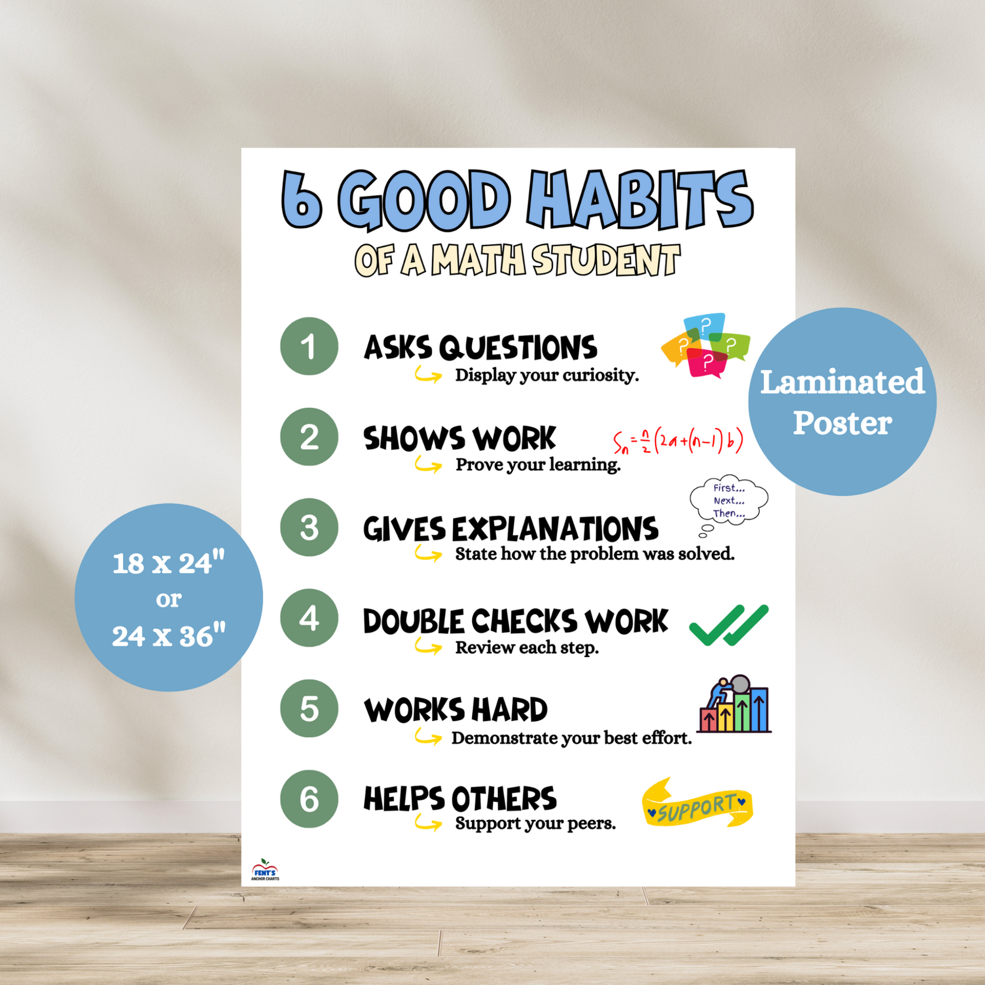 Laminated anchor chart titled '6 Good Habits of Math Students' listing positive behaviors like asking questions, showing work, giving explanations, double-checking, working hard, and helping others. Designed with colorful, kid-friendly visuals for elementary and middle school  math classrooms, this poster will be a staple in your math classroom for years to come. 