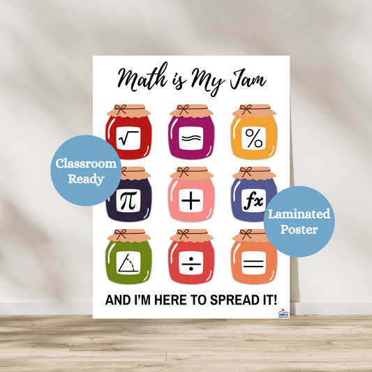 Laminated math is my jam poster that features nine math symbols. Used in elementary, middle school and high school math classrooms for decoration and wall art.