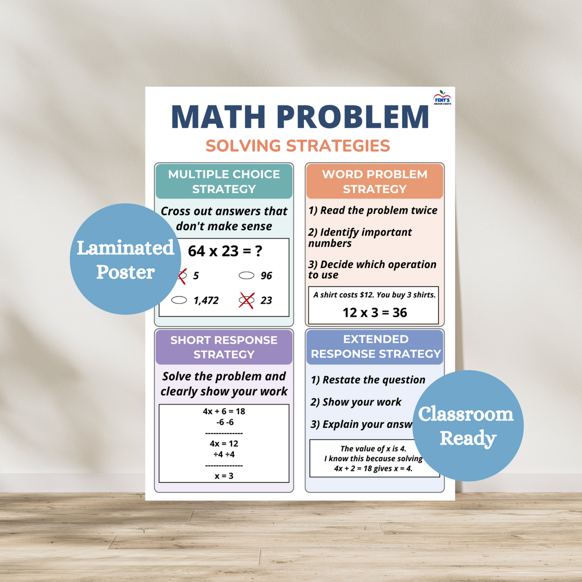 Math problem solving strategies laminated anchor chart designed for upper elementary, middle school and lower high school classrooms and students. Gives strategies to support students while taking a test. Laminated for classroom durability.