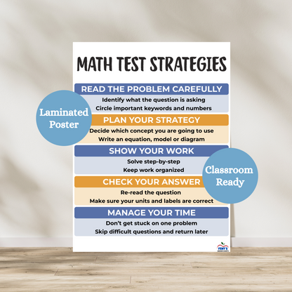 Math Test Taking Strategies for elementary and middle school math classrooms. Breaks down five important strategies for students to follow while taking a math exam. Laminated for classroom durability.