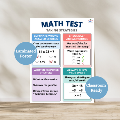 Math test taking strategies that features four important strategies for elementary and middle school math students to follow: eliminate wrong answer choices, check each answer choice, written response strategy and always show your work. Hang on the classroom wall. Laminated for classroom durability.