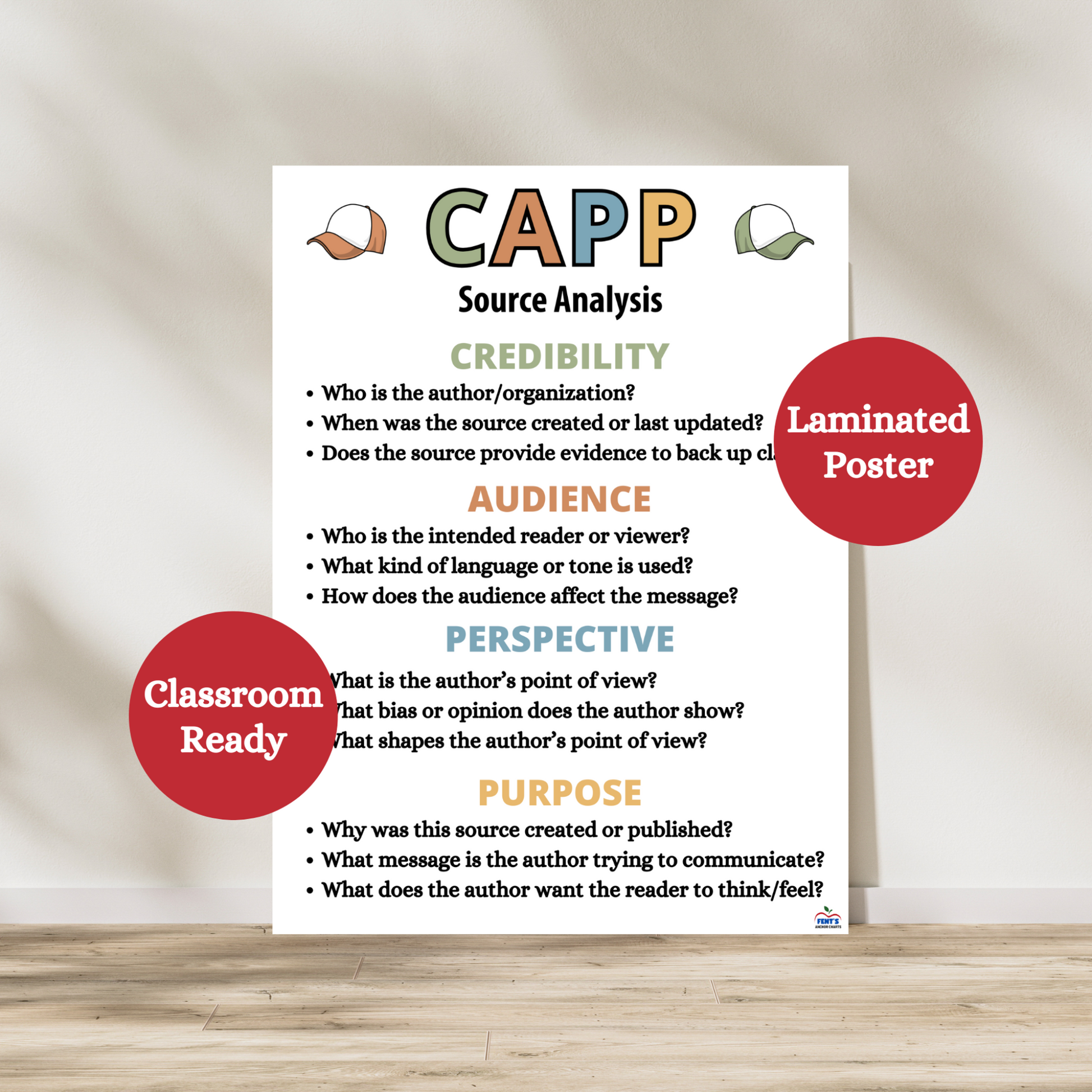 Source analysis anchor chart poster that features the CAPP acronym. Colorful and laminated for middle school classrooms.