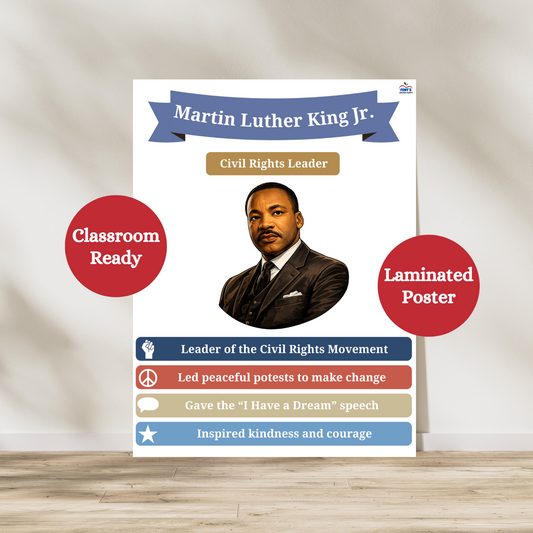 Martin Luther King Jr laminated poster that features the important characteristics and achievement of Martin Luther King jr. Great for social studies and history classrooms. Also great for honoring black history month