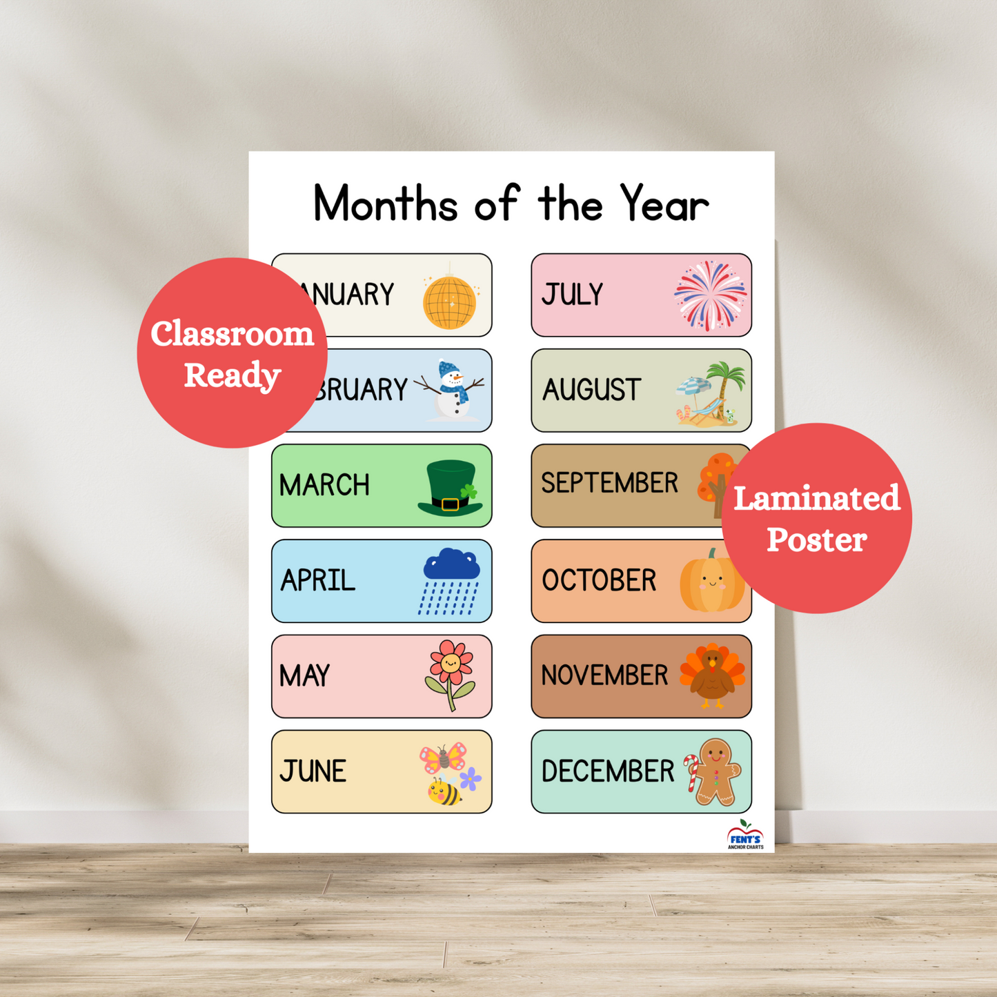 Laminated months of the year poster that teaches young students each month of the year. Great for kindergarten, prek and first grade classrooms