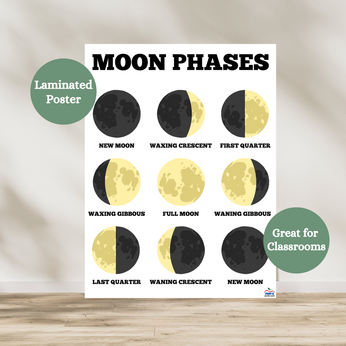 Laminated phases of the moon anchor chart poster for elementary and middle school science classrooms. Featuring a picture of each phase of the moon.