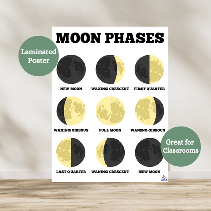 Laminated phases of the moon anchor chart poster for elementary and middle school science classrooms. Featuring a picture of each phase of the moon.