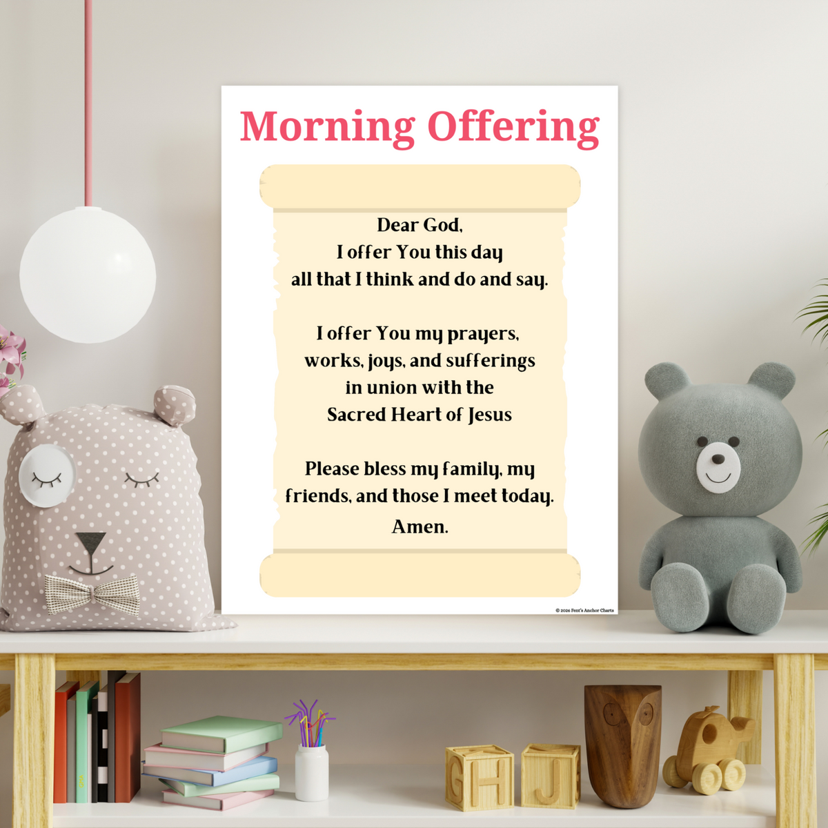 Morning offering prayer poster for catholic classroom, bedrooms and homes. Great poster to have your children recite before they start their day. Laminated for durability.