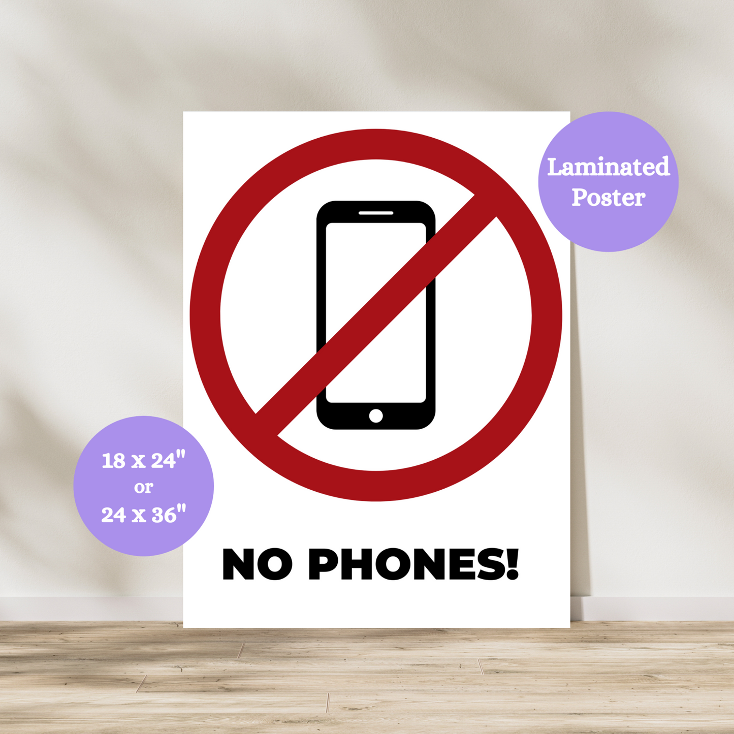 This laminated No Phones anchor chart is a great addition to any school or classroom enforcing a strict no cell phone rule. This poster features an iphone with a red circle around it and the cell phone is crossed out. Below the cell phone the words no phones is written. 

This anchor chart is simple and easy for students to read and understand and is great for any middle school or high school classrooms. Great for states with school cell phone bans.