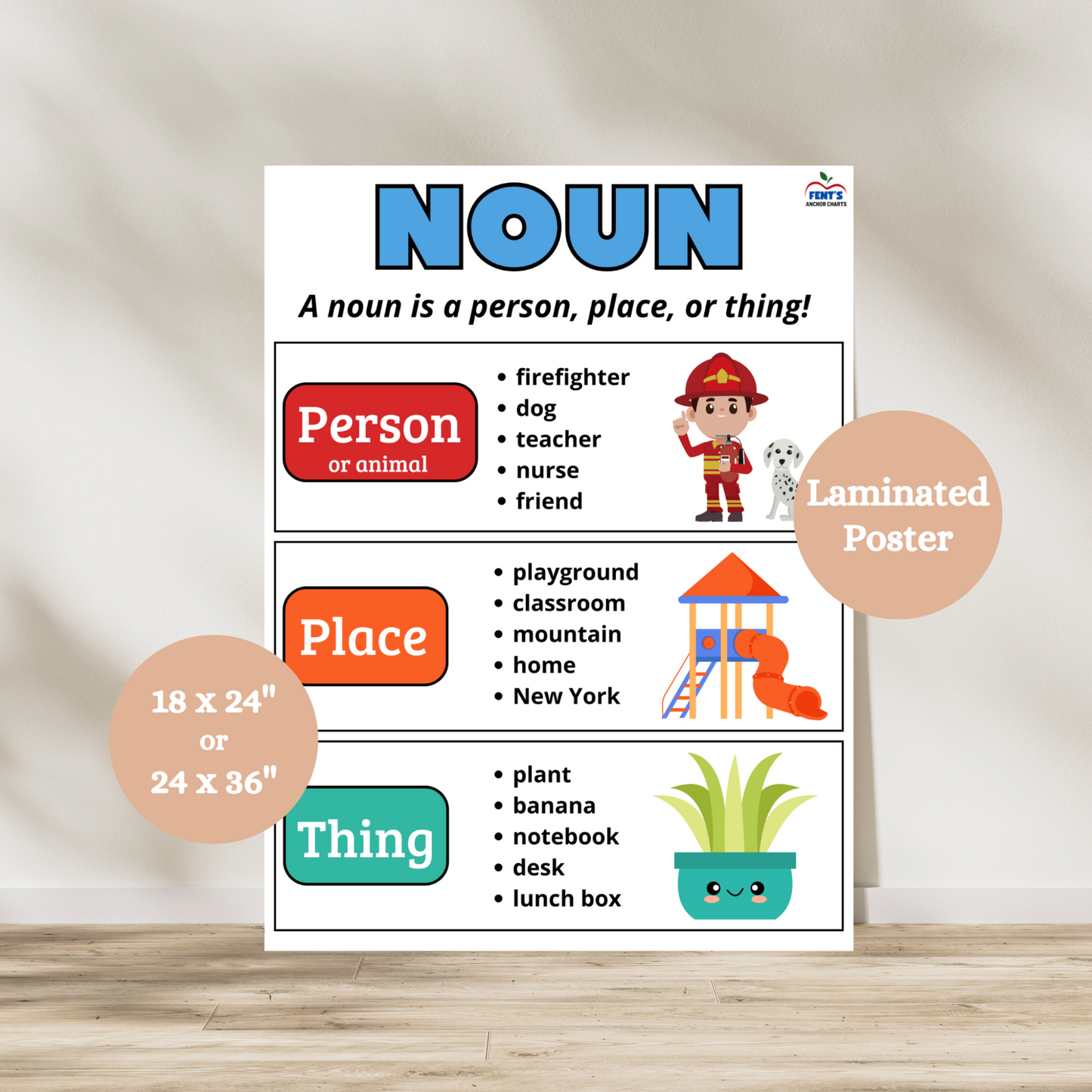 Noun anchor chart with examples of person, place, and thing, featuring illustrations for elementary grammar instruction