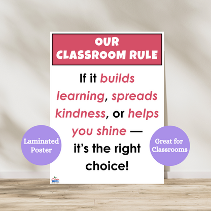 This Our Classroom Rule anchor chart poster has a red header with white lettering that states Our Classroom Rule. The rest of the poster included positive words about the rule. Laminated for durability in kindergarten, 1st grade and elementary classrooms.
