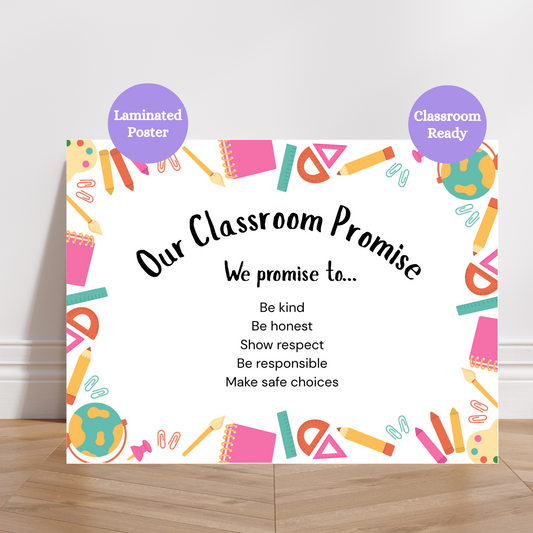 Our classroom promise laminated anchor chart. Hang on classroom walls to remind your students of the rules and expectations in your classroom. Laminated for durability.