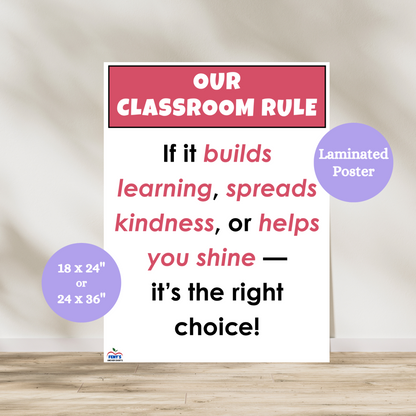 This Our Classroom Rule anchor chart poster has a red header with white lettering that states Our Classroom Rule. The rest of the poster included positive words about the rule. Laminated for durability in kindergarten, 1st grade and elementary classrooms.