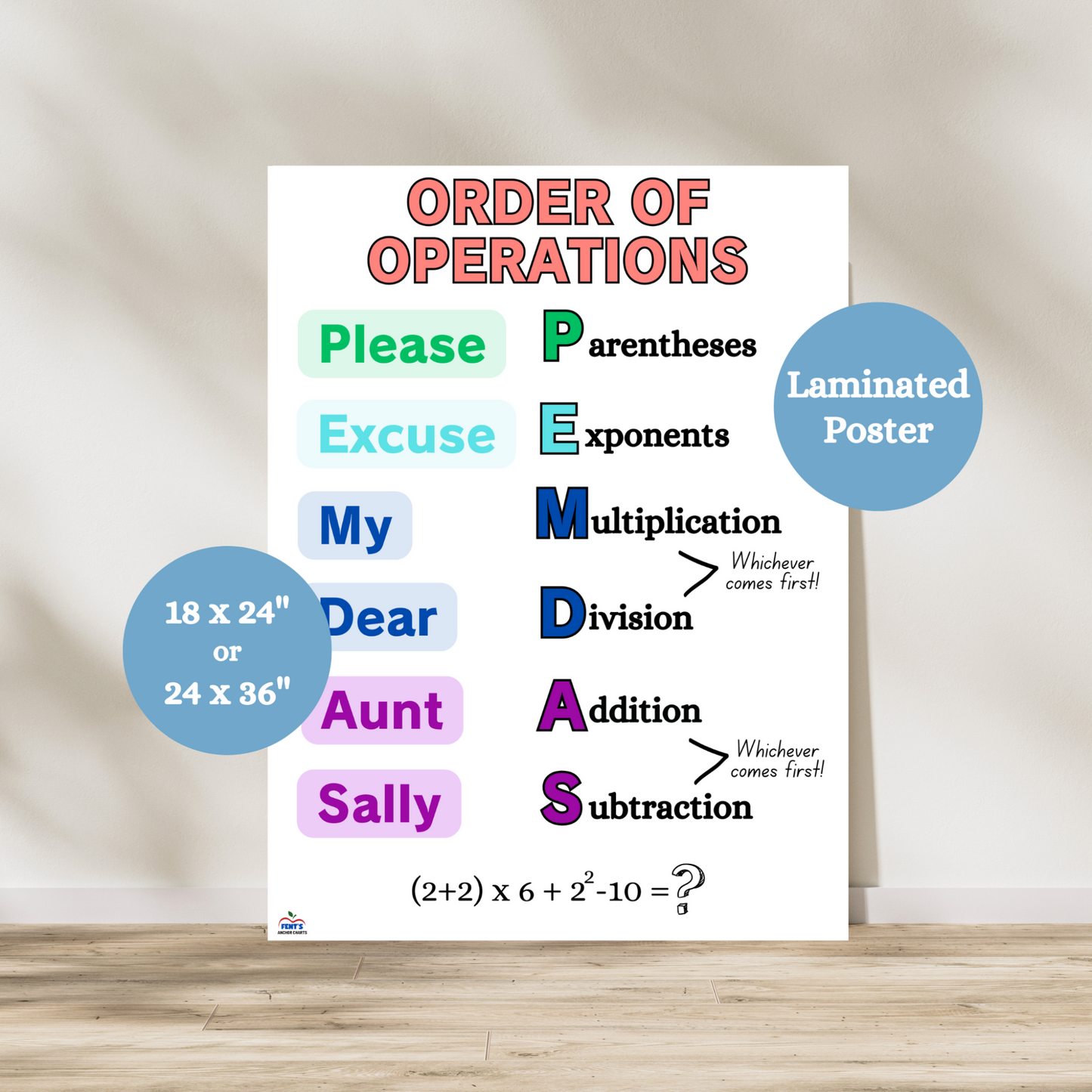 Bright and colorful laminated Order of Operations PEMDAS Anchor Chart for classrooms. Features "Please Excuse My Dear Aunt Sally" mnemonic with bold visuals explaining Parentheses, Exponents, Multiplication, Division, Addition, and Subtraction. Perfect for elementary or middle school math classrooms, homeschool spaces, or tutoring. Durable, easy-to-read, and great for math reference. Ideal for teachers seeking functional and decorative math posters.