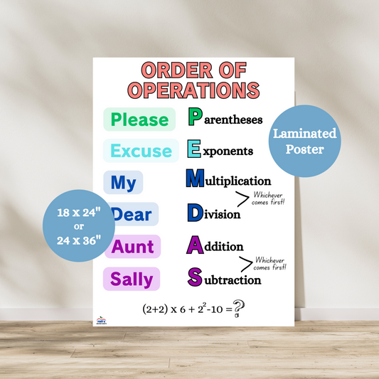 Bright and colorful laminated Order of Operations PEMDAS Anchor Chart for classrooms. Features "Please Excuse My Dear Aunt Sally" mnemonic with bold visuals explaining Parentheses, Exponents, Multiplication, Division, Addition, and Subtraction. Perfect for elementary or middle school math classrooms, homeschool spaces, or tutoring. Durable, easy-to-read, and great for math reference. Ideal for teachers seeking functional and decorative math posters.