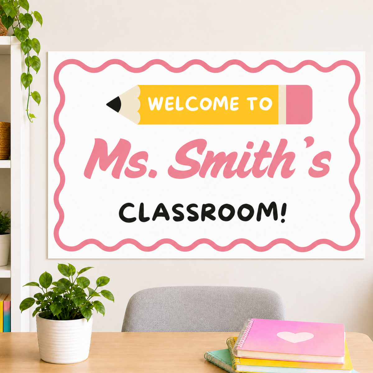 Welcome to teacher's name classroom banner. Professionally printed and laminated for teachers to hang in their classroom, hallways, or on their doors. Laminated for durability.