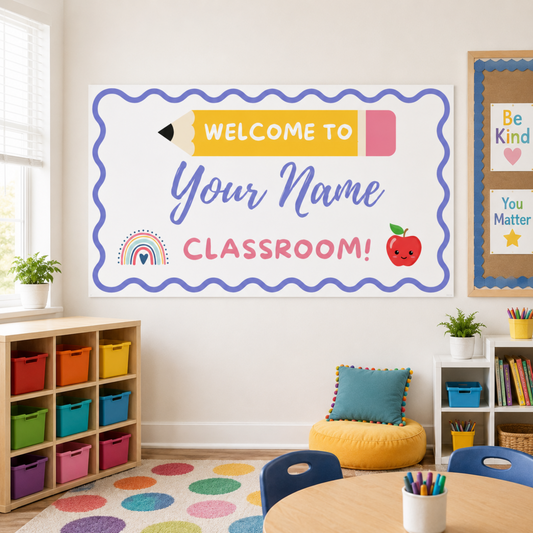 Laminated decorative welcome banner for elementary and middle school classrooms. Personalized with teacher's name and two icons of their choosing. Laminated for durability.