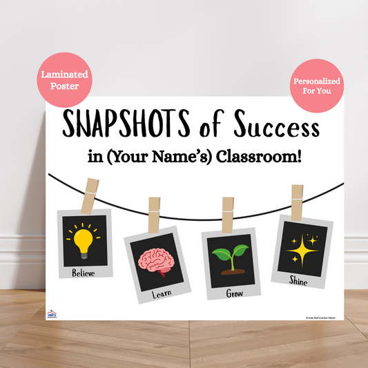 Snapshots of success laminated classroom banner. Personalize with your name at the top of the poster! Laminated for classroom durability.