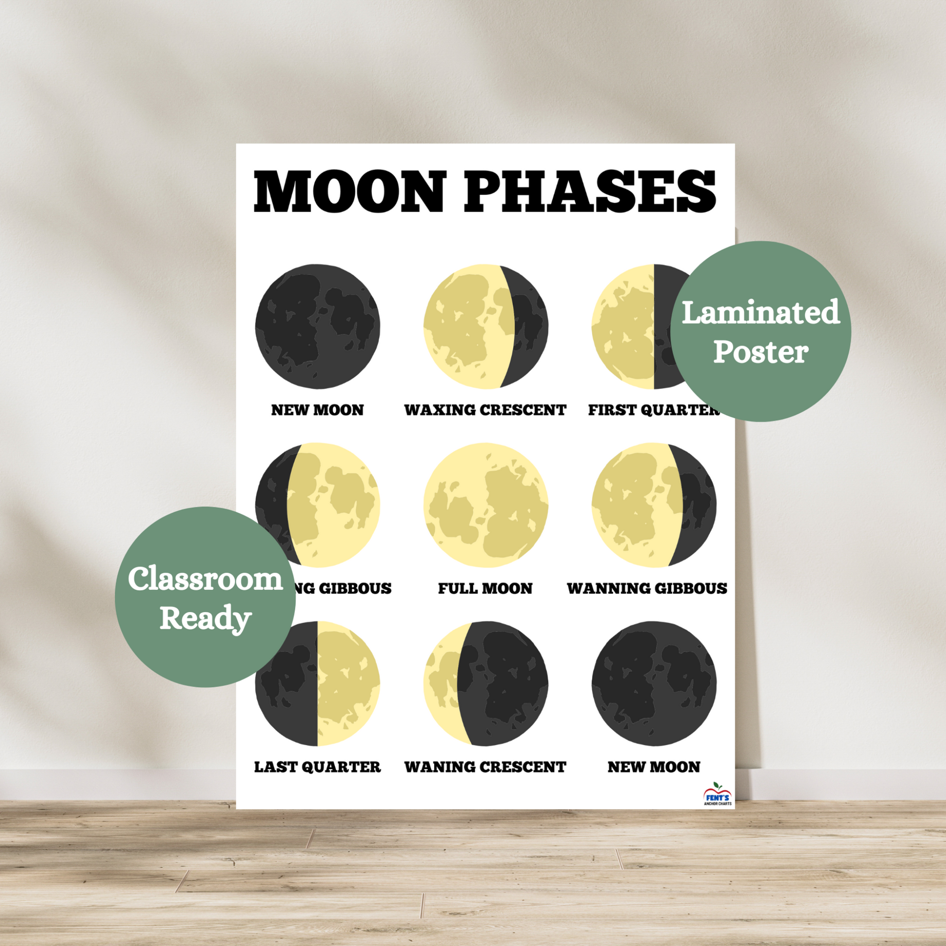 Laminated phases of the moon anchor chart poster for elementary and middle school science classrooms. Featuring a picture of each phase of the moon.
