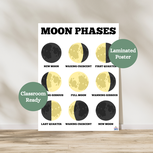 Laminated phases of the moon anchor chart poster for elementary and middle school science classrooms. Featuring a picture of each phase of the moon.
