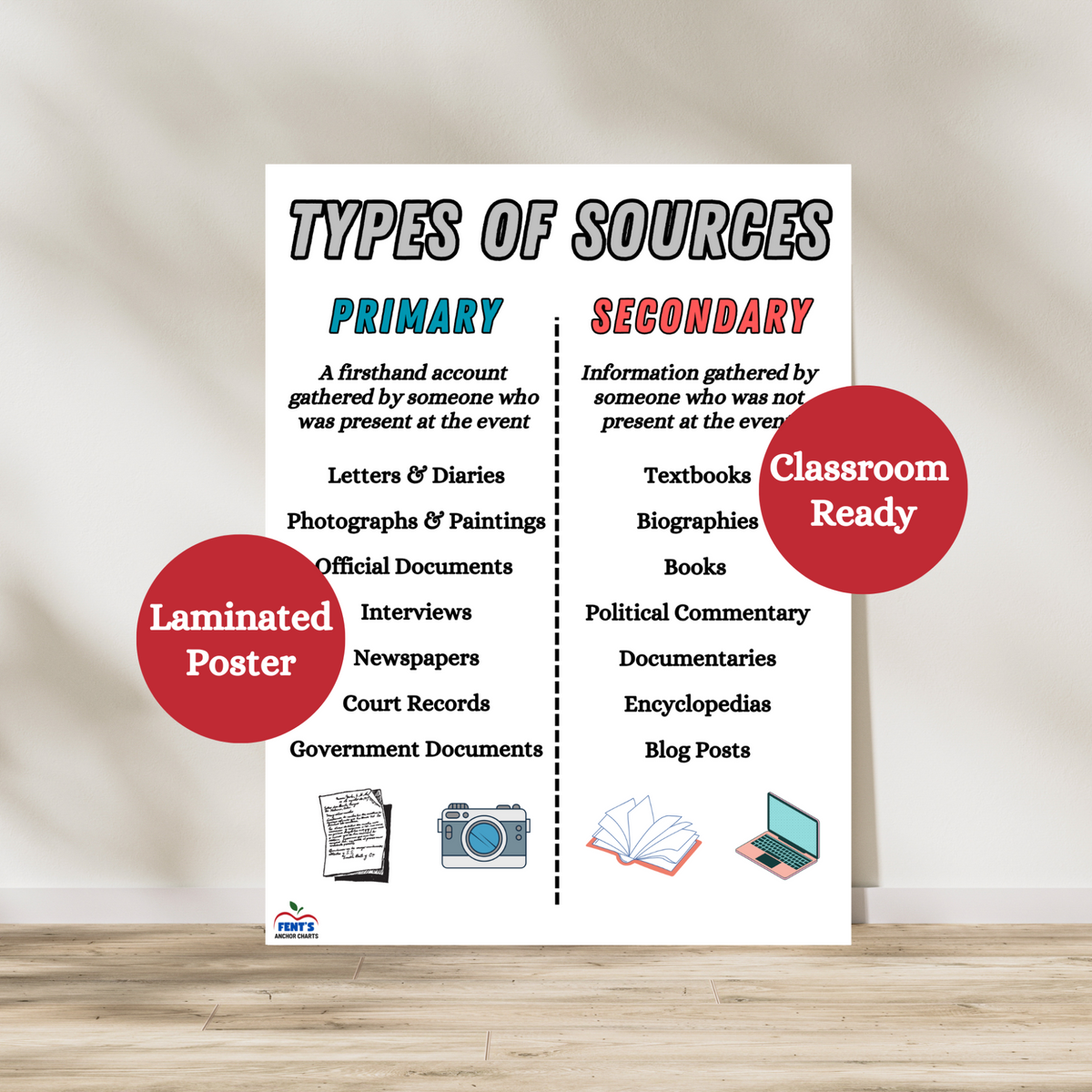 Comparing primary and secondary sources with this laminated classroom anchor chart. Hang on elementary classroom wall, history classrooms, social studies classrooms and library spaces. Laminated for durability.