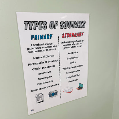 Live look at types of sources anchor chart hanging in classroom which compares primary and seconday sources for students