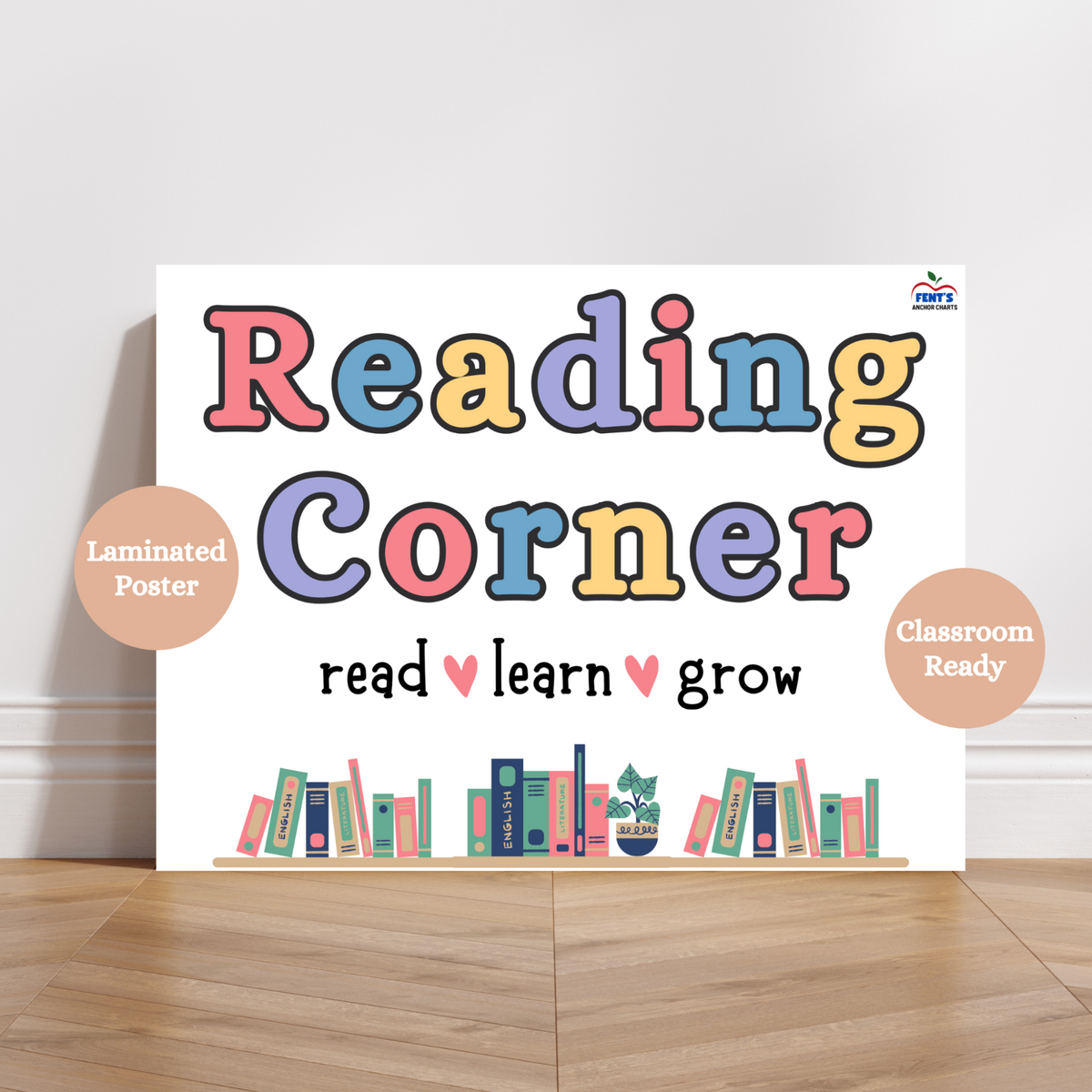 Laminated Reading corner poster with colorful text outlining reading corner expectations and habits; ideal classroom decor for elementary and middle school libraries or book nooks. Laminated for durability in classrooms.