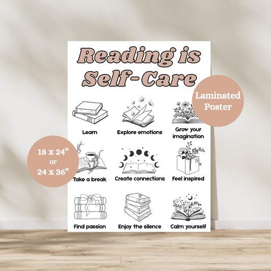 Reading is Self-Care laminated classroom poster featuring illustrated book-themed icons with affirming messages for readers, in 18x24 or 24x36 size.