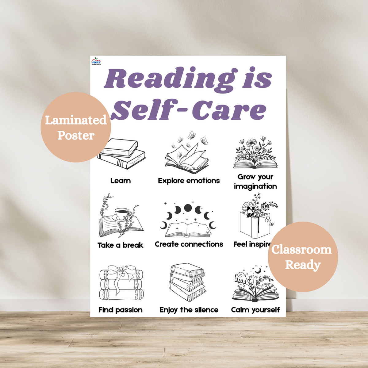 Reading is Self care decorative poster for ELA classrooms, social studies classrooms and school library spaces. This laminated anchor breaks down the nine main benefits of reading. Easily hang it on your classroom wall for student reference and reminder! Laminated for durability.
