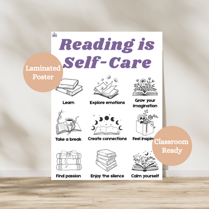 Reading is Self care decorative poster for ELA classrooms, social studies classrooms and school library spaces. This laminated anchor breaks down the nine main benefits of reading. Easily hang it on your classroom wall for student reference and reminder! Laminated for durability.