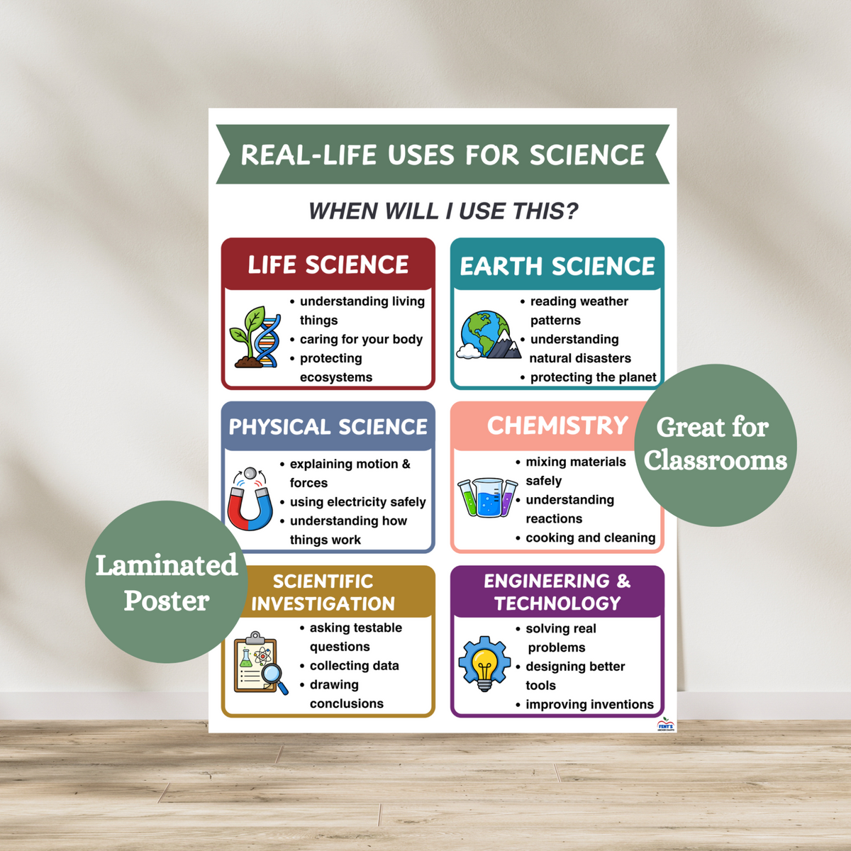 Real life uses for science laminated poster featuring life science, earth science, physical science, chemistry, scientific investigation, engineering and technology. Laminated for durability.