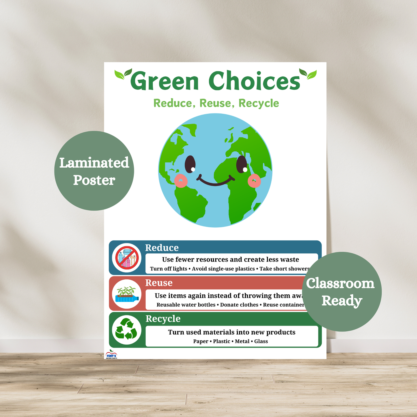 Laminated educational anchor chart titled 'Green Choices – Reduce, Reuse, Recycle' with a smiling cartoon Earth and three labeled columns explaining how to reduce waste, reuse items, and recycle materials. Designed for Earth Day and environmental science classrooms. Laminated for classroom durability.