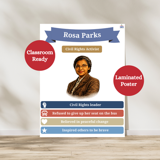 Laminated Rosa Parks biography poster. This anchor chart showcases the main characteristics and achievements of this historical figure. Great for US history classrooms, womens history month and women inspiration.