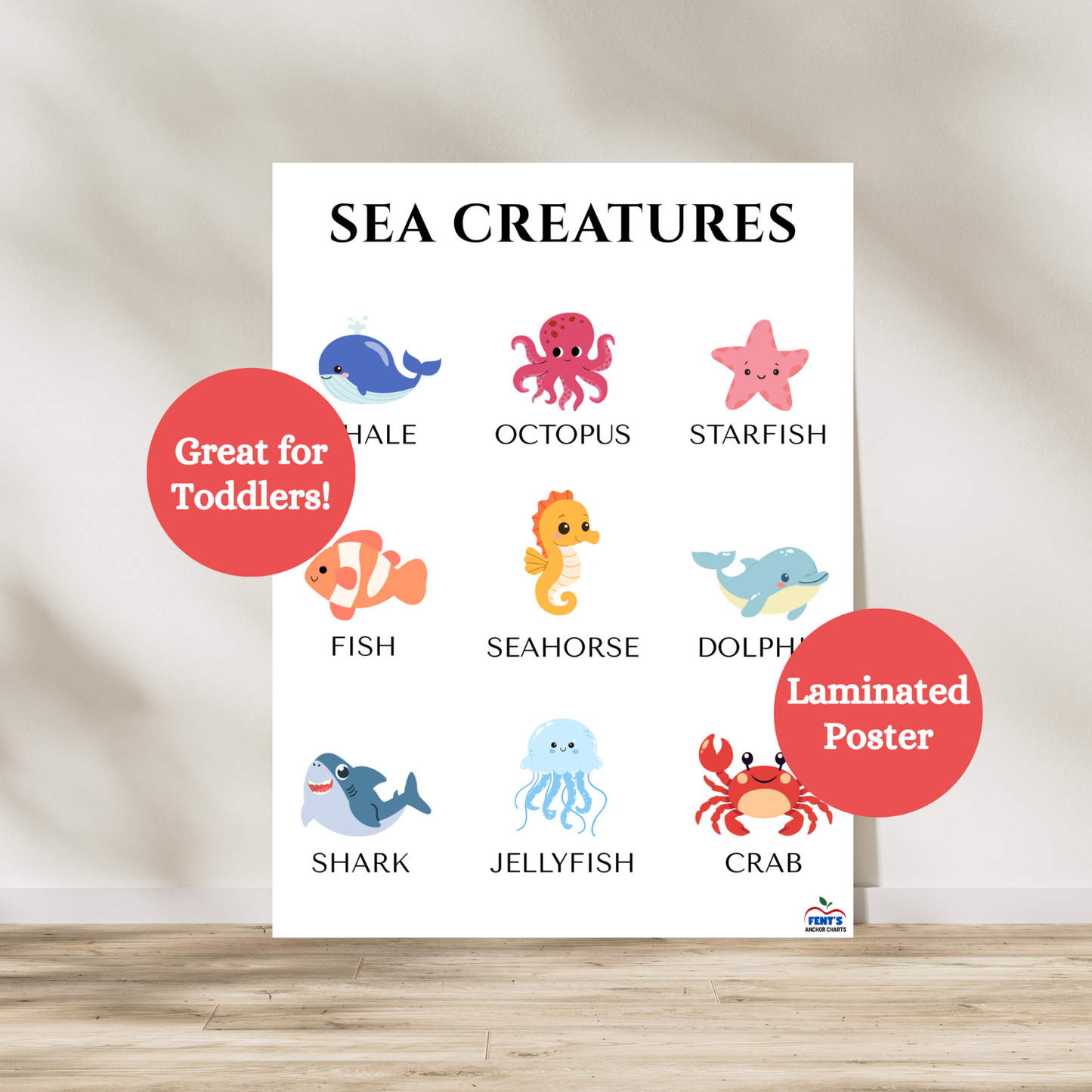 Laminated poster featuring nine common and cute sea creatures. Great for decor in preschool classrooms and toddler rooms and playrooms.