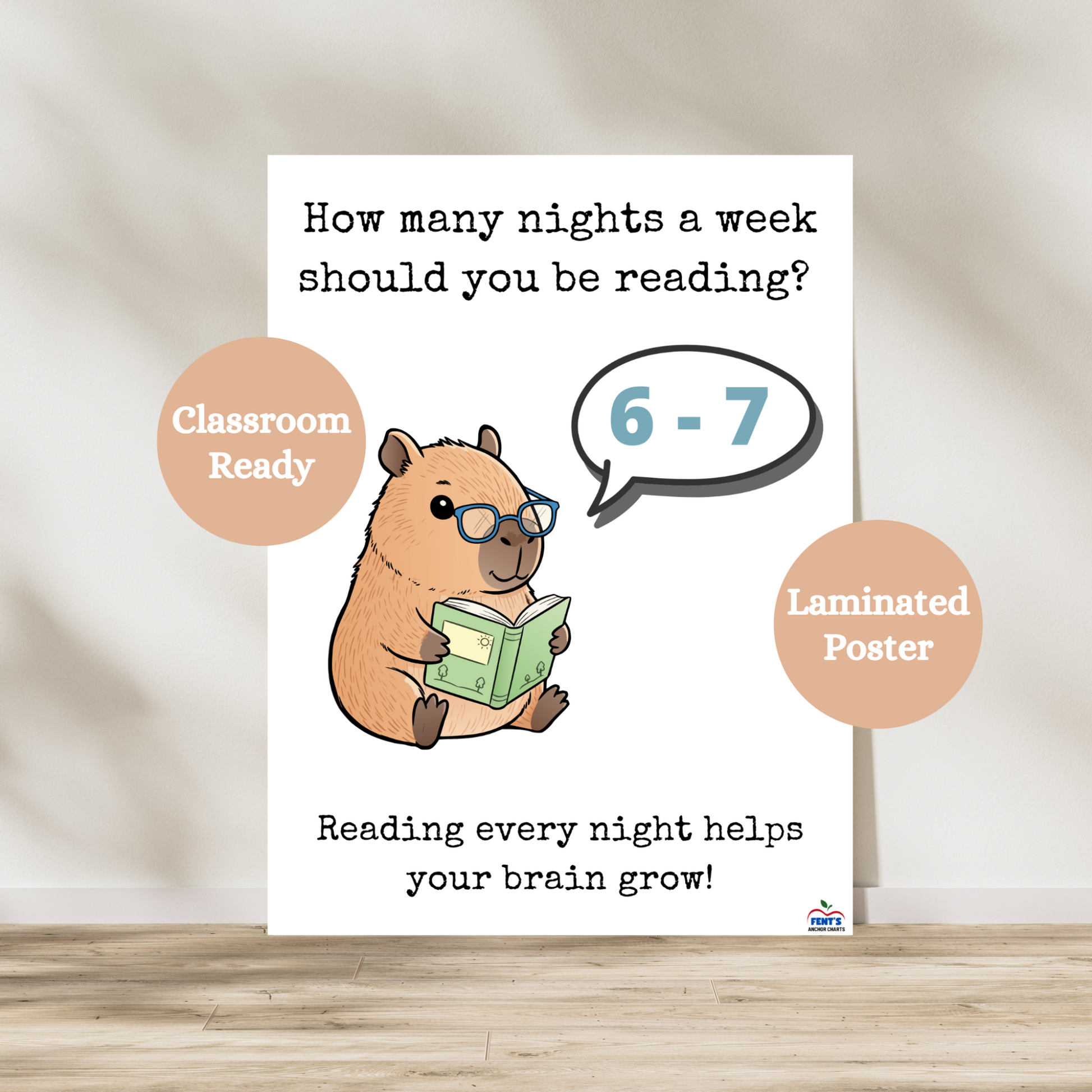 Cute and funny how many nights a week should you be reading 6 - 7 poster. Used in classrooms and at home to encourage students to read at night. Laminated for durability.
