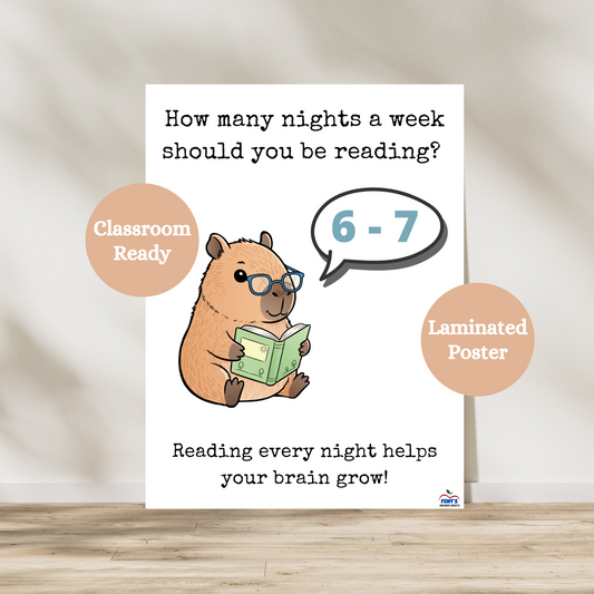 Cute and funny how many nights a week should you be reading 6 - 7 poster. Used in classrooms and at home to encourage students to read at night. Laminated for durability.