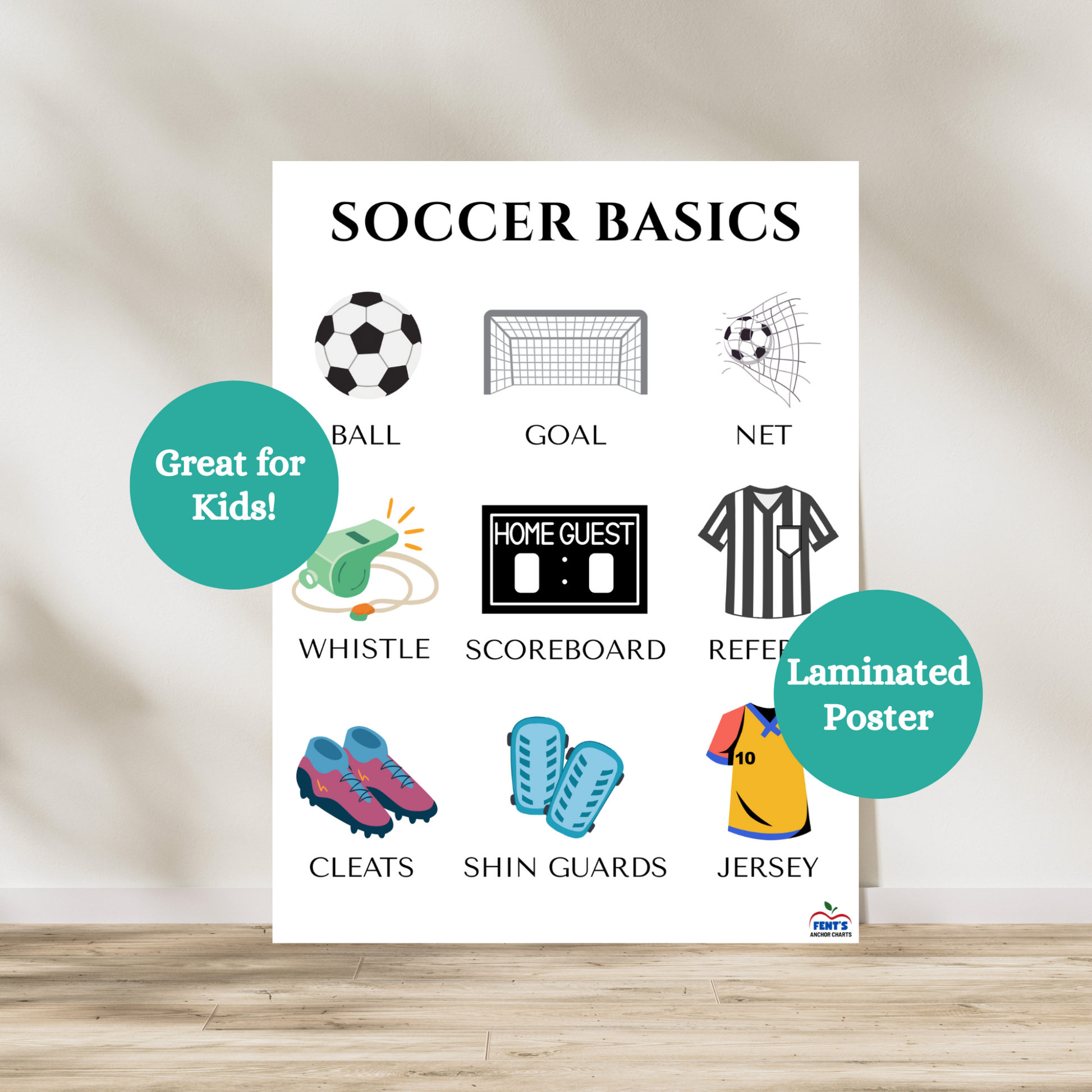 Basics of soccer laminated poster. Nine objects and words that represent the game of soccer. Great for physical education spaces in schools or soccer lover's playrooms or bedrooms.