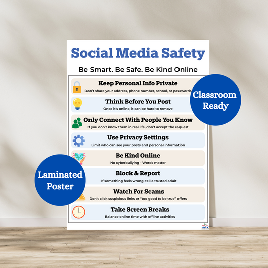 Support your student and children with social media safety with this laminated poster designed for classrooms and homes. Laminated for classroom durability.