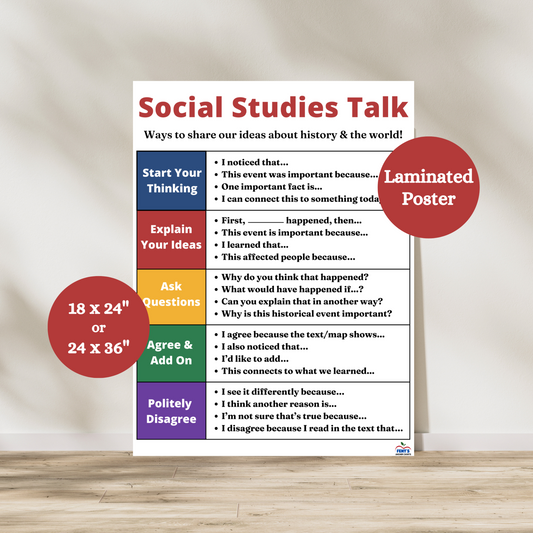 This laminated social studies talk anchor chart is a colorful and informative poster for any social studies, history, civics or government classrooms. The poster shows sentence starters that students can use. Laminated for classroom durability.