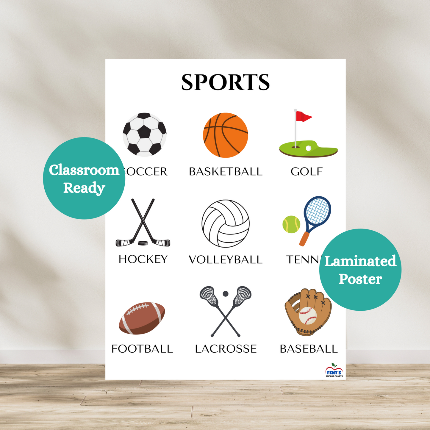 Laminated poster that breaks down the nine major sports: soccer, basketball, golf, hockey, volleyball, tennis, football, lacrosse, and baseball. Used in physical education spaces, playrooms and boy and girl bedrooms. Great for toddlers and young children