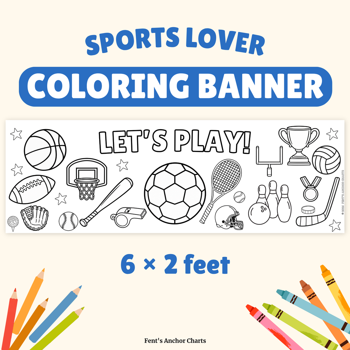6 foot coloring banner featuring a sports theme. Great coloring activity for children who play and love sports.