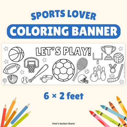 6 foot coloring banner featuring a sports theme. Great coloring activity for children who play and love sports.