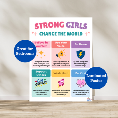 Strong girls change the world laminated poster great for girls bedrooms and playrooms. Six boxes that describe characteristics of strong girls. Hang in girls bedroom or play room for constant referencing. Laminated for durability.