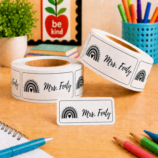 Personalized labels for teachers and classrooms. 2.25 inches by 1.25 inches. Can be put on school supplies and personalized with font and icon.