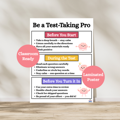 Test taking strategies poster for elementary and middle school classrooms. Laminated for durability in classrooms.