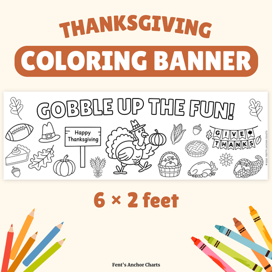 Black-and-white Thanksgiving coloring banner with large “Gobble Up the Fun!” lettering above a cheerful turkey holding a pumpkin. Surrounding illustrations include pies, pumpkins, fall leaves, corn, apples, acorns, a football, and a cornucopia, with a “Happy Thanksgiving” sign and “Give Thanks” bunting.