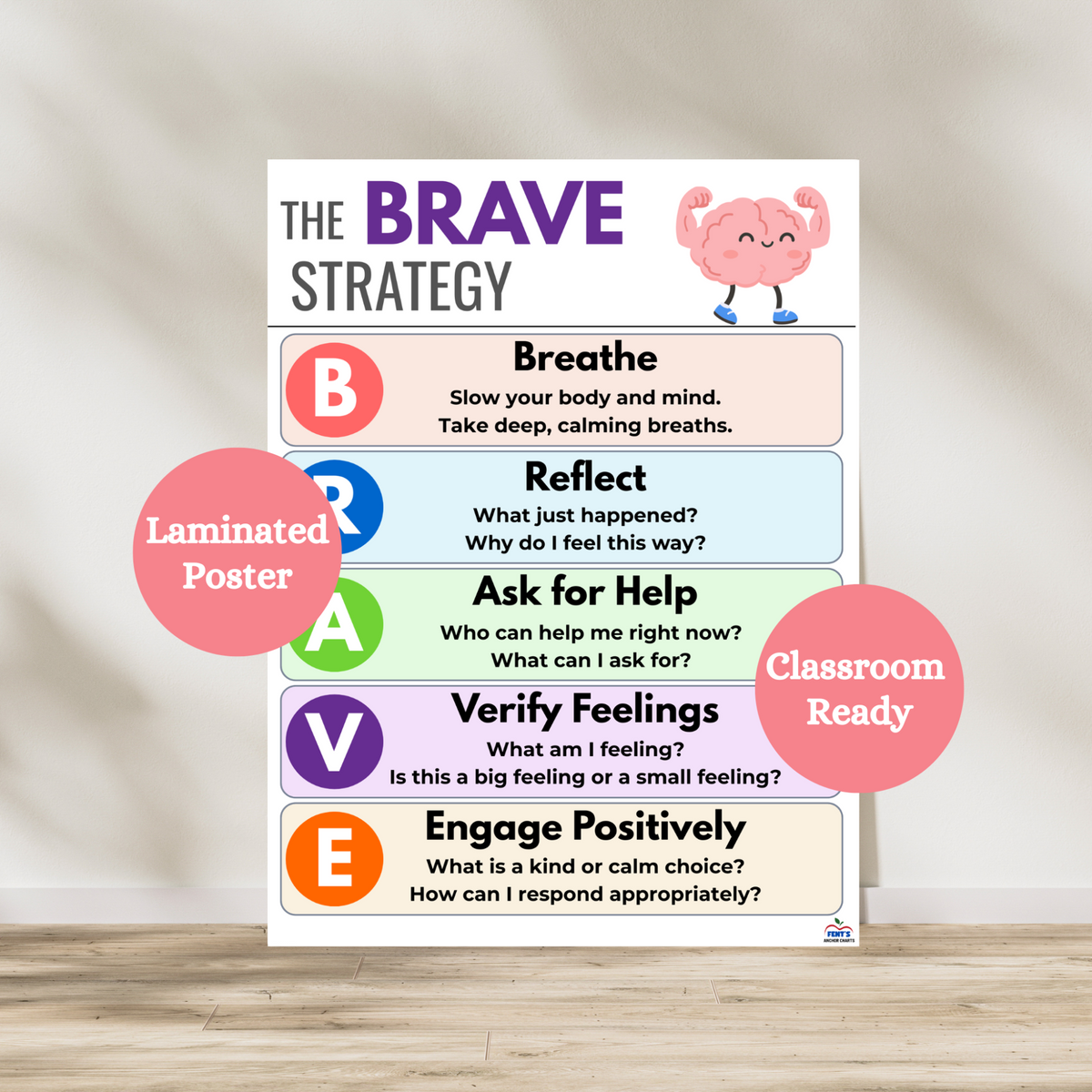 The BRAVE strategy social emotional learning laminated poster. This anchor shows students and children the step by step process on how to be brave. Hang in classroom, guidance counselor offices, therapy offices and in your home. Laminated for classroom durability.