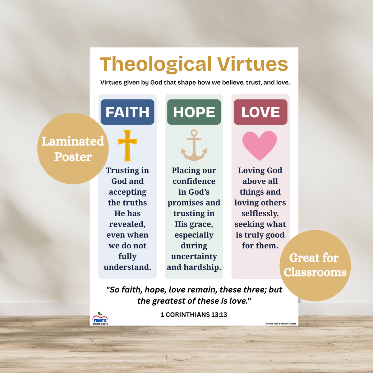 Theological virtues laminated poster featuring faith, hope and love (charity). Great poster to hang in high school Catholic classrooms, middle school catholic classrooms or homes. Laminated for durability around children.